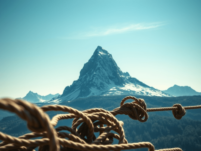 Image of a mountain with rope foregrounded.